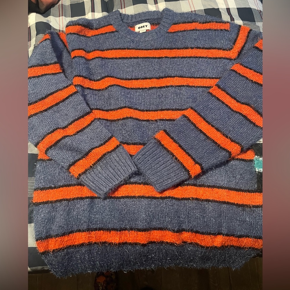 Obey Men's Crewneck Sweater - Purple and Orange Stripes